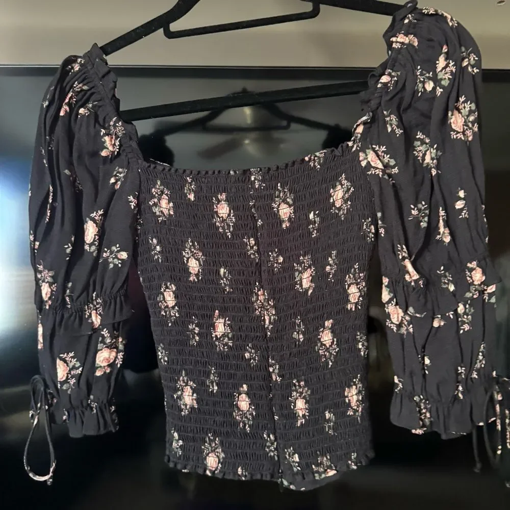 Reformation Nina Black Floral Smocked Puff Sleeve Blouse Top